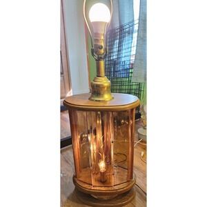 MCM Don Ward 5 Panel Etched Amber Glass Panel Wood & Brass 3-way Lamp Vintage